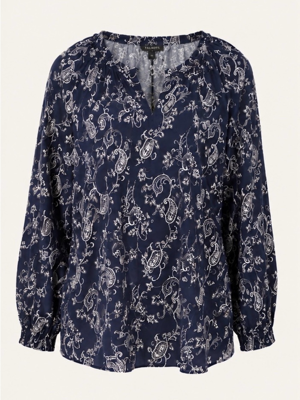 Talbots Navy & White Paisley Split Neck Blouse Long Sleeve Size M (NWT)